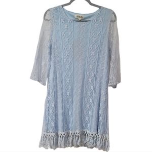 Listicle Lace Baby Blue Dress with Tassel Hen and Lace 3/4 Sleeves, Size Small